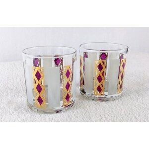 MCM Culver Cranberry Harlequin Lowball Cocktail Glasses 2 Gold Diamond 22K Trim